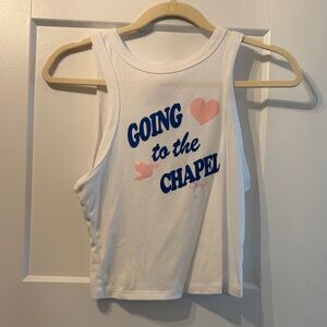 White Graphic Tank Top with Navy Script and Pink Accents